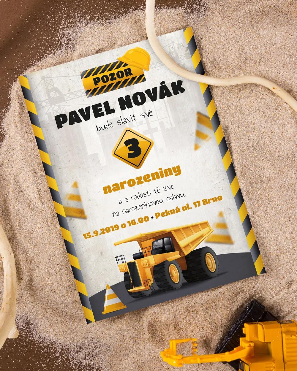 Pozvánka na dětskou oslavu – Stavební auto 2/4