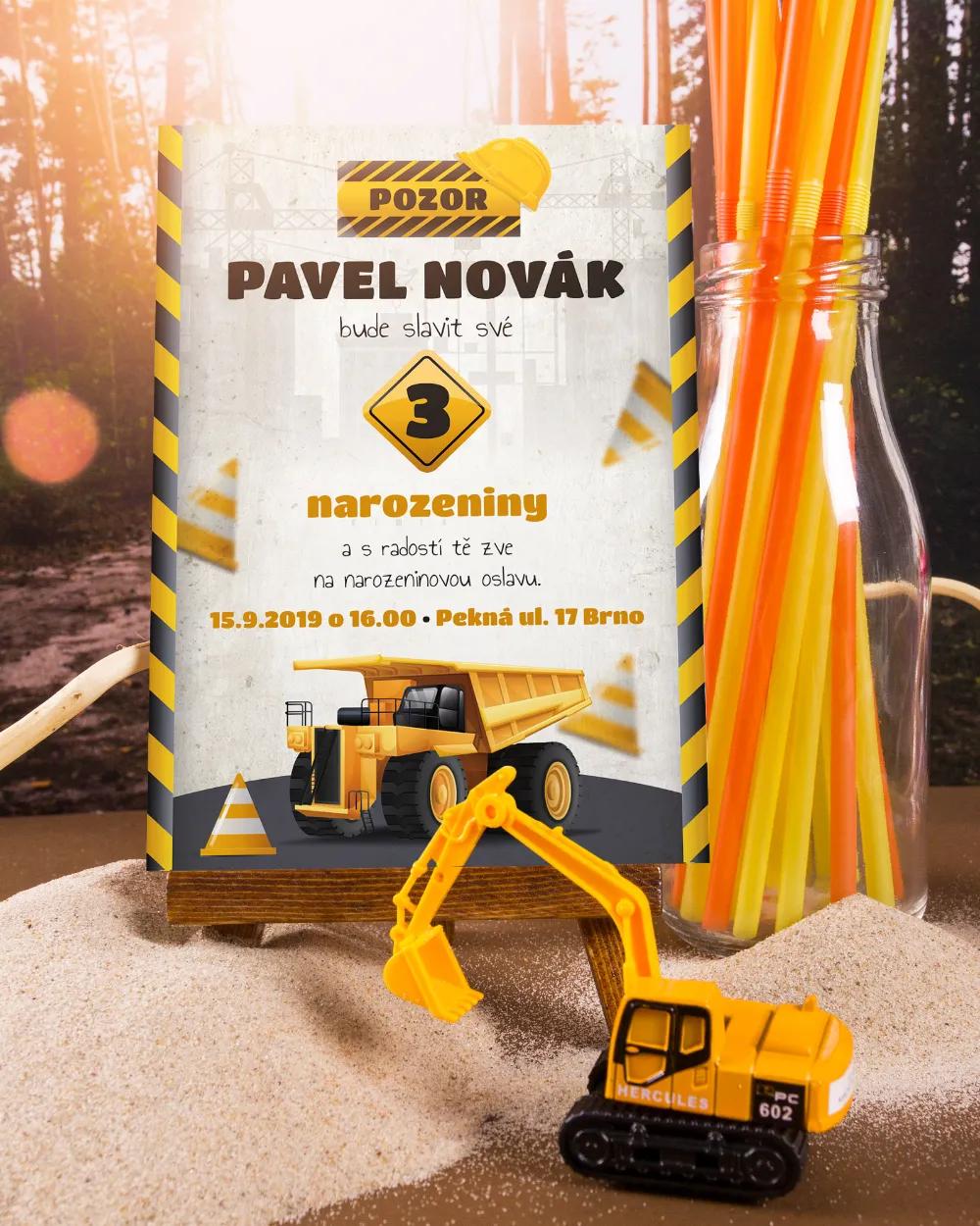 Pozvánka na dětskou oslavu – Stavební auto 1/4