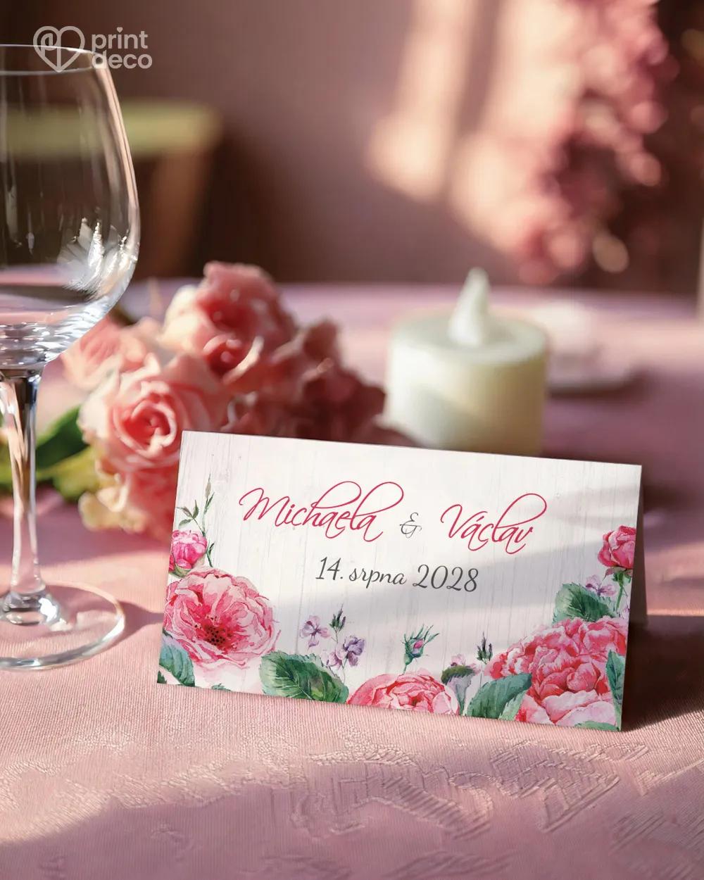 Svatební jmenovky s růžemi a vintage prvky – bez podkladu 1/2