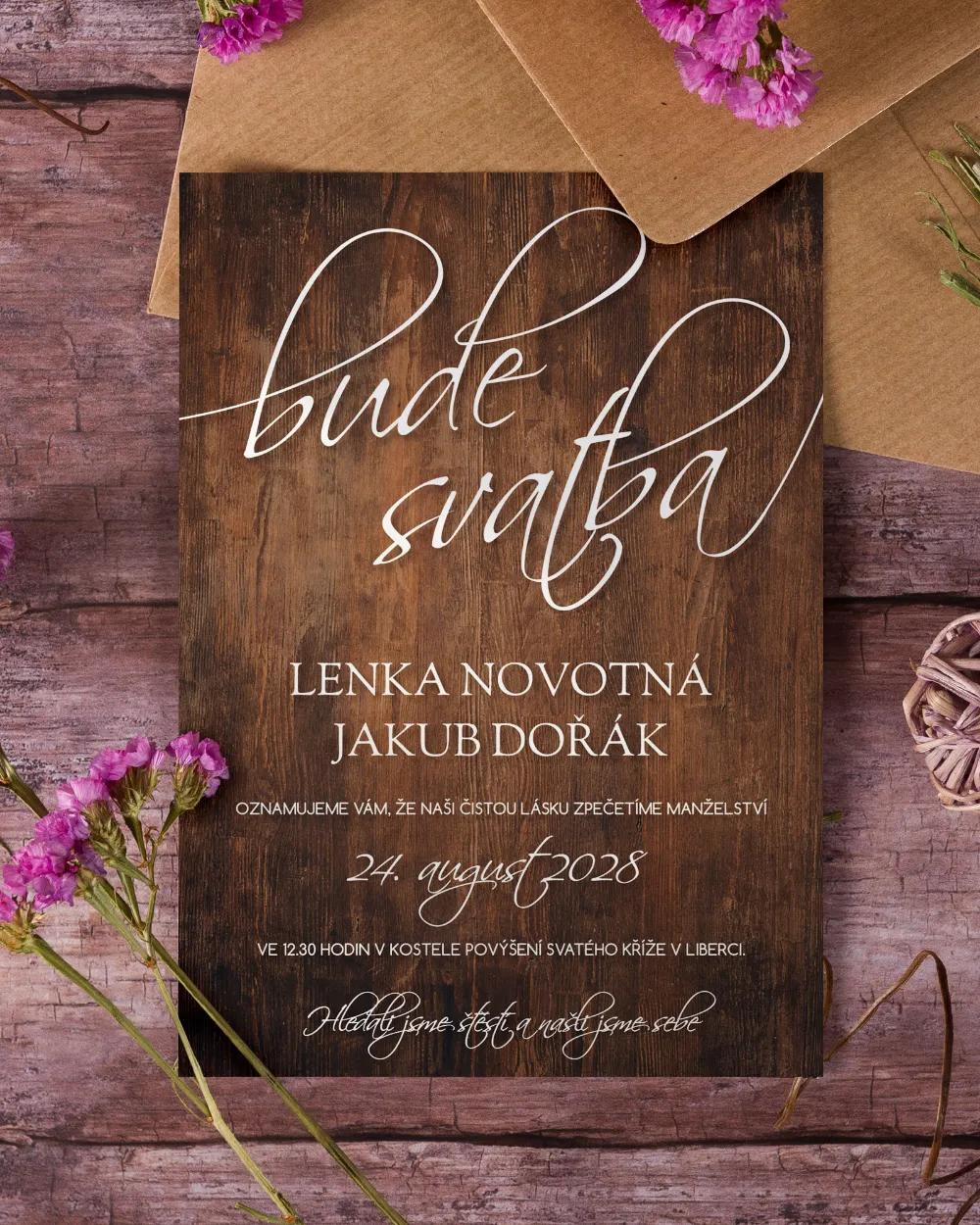 Svatební oznámení s motivem Dřevo (tmavě hnědé) 1/3