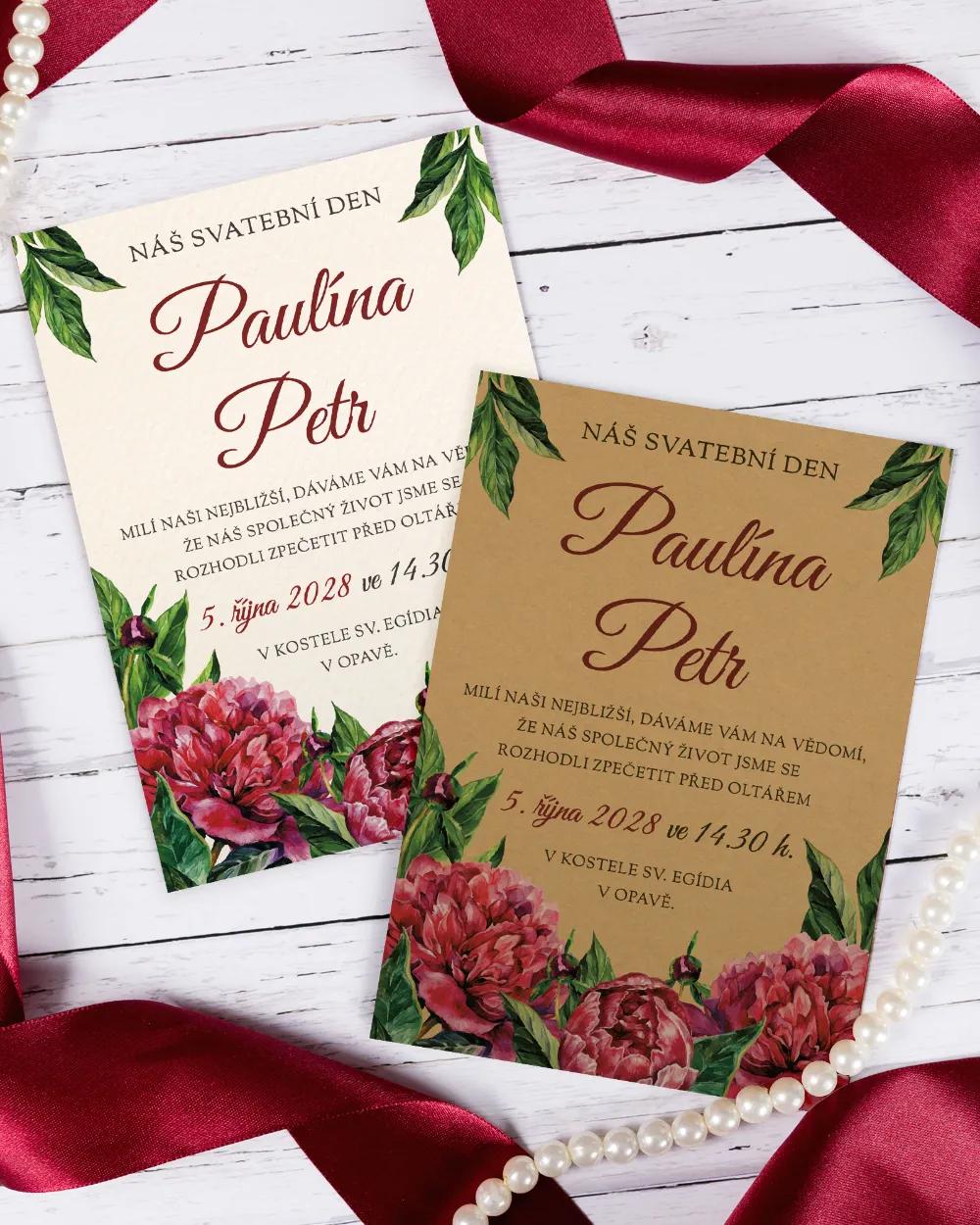 Svatební oznámení s pestrými pivoňkami 1/6