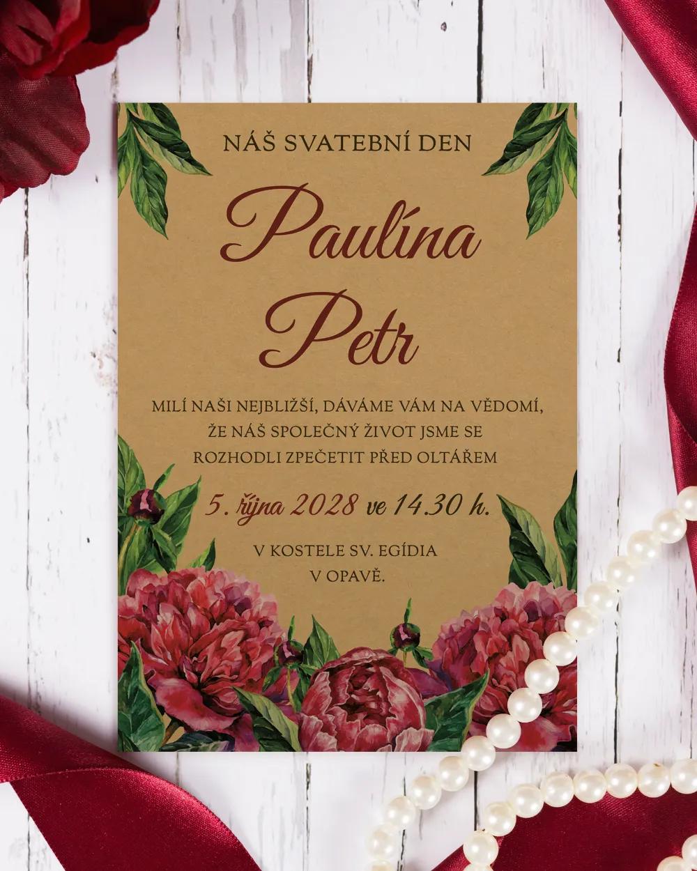 Svatební oznámení s pestrými pivoňkami 4/6