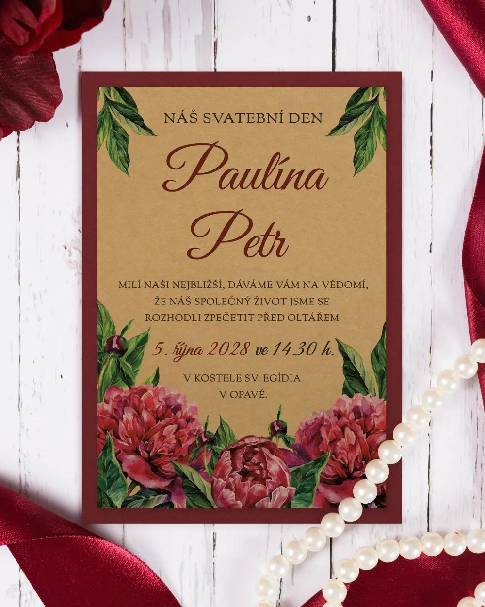 Svatební oznámení s pestrými pivoňkami 5/6