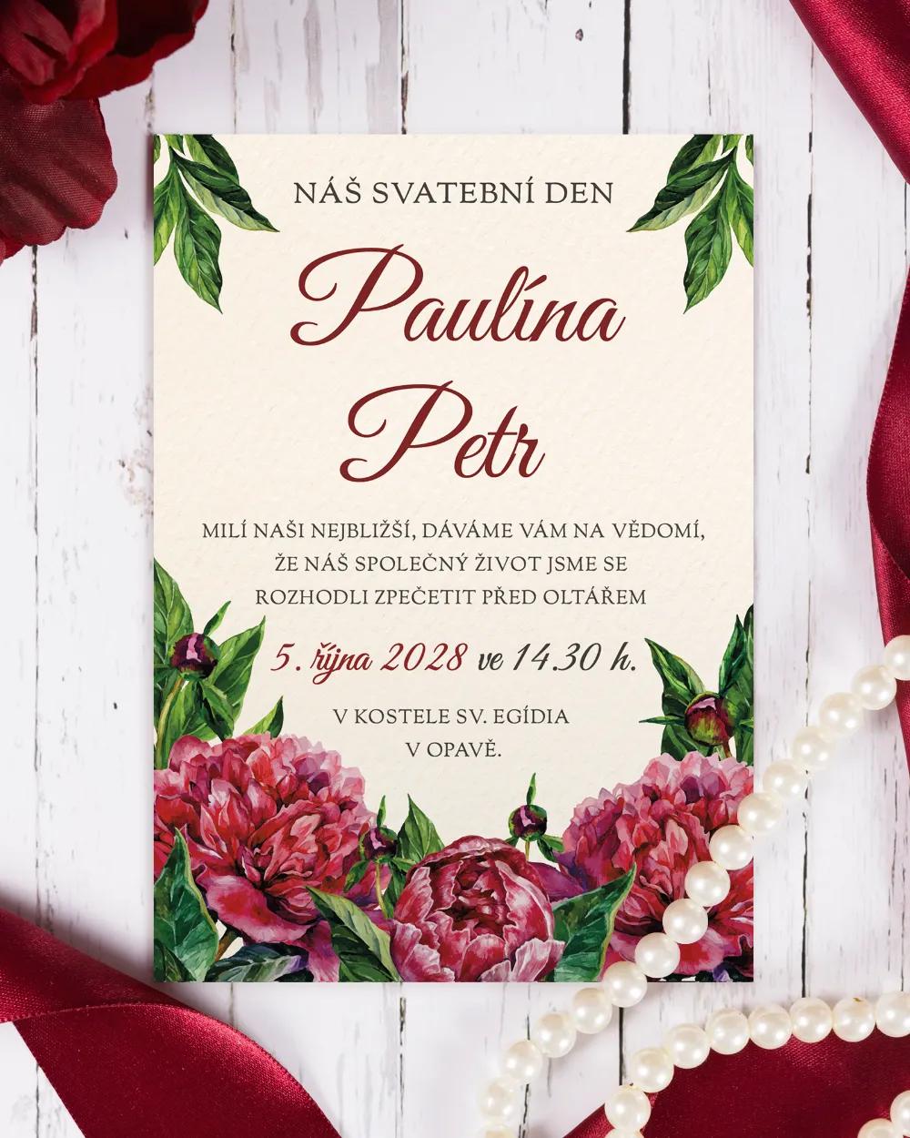Svatební oznámení s pestrými pivoňkami 2/6