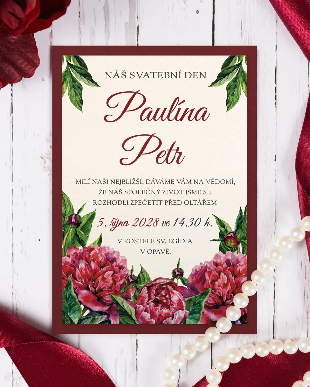 Svatební oznámení s pestrými pivoňkami 3/6