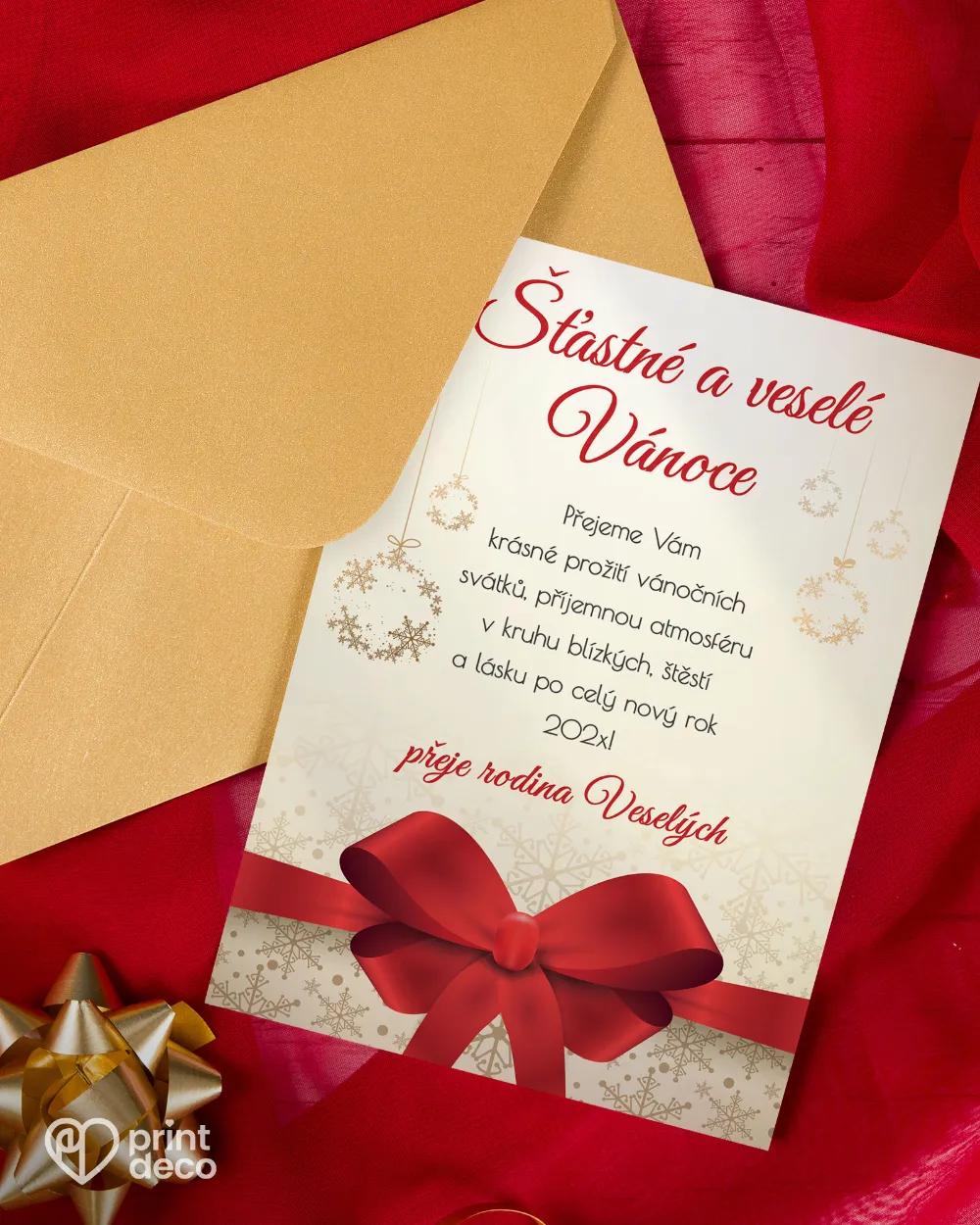 Vánoční pozdrav s červenou mašlí 1/4