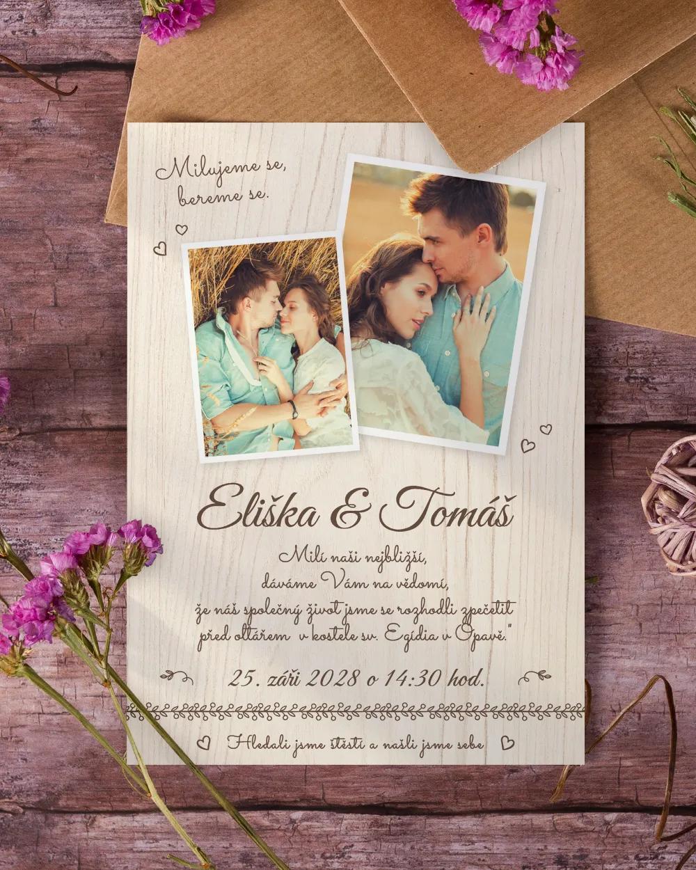 Svatební oznámení s fotografií – Nežné chvíle světlé dřevo 1/3