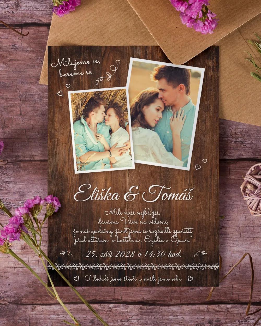 Svatební oznámení s fotografií – Nežné chvíle tmavé dřevo 1/3