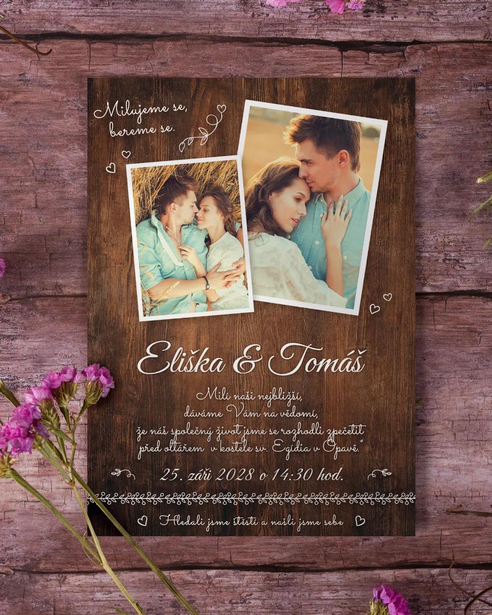 Svatební oznámení s fotografií – Nežné chvíle tmavé dřevo 2/3