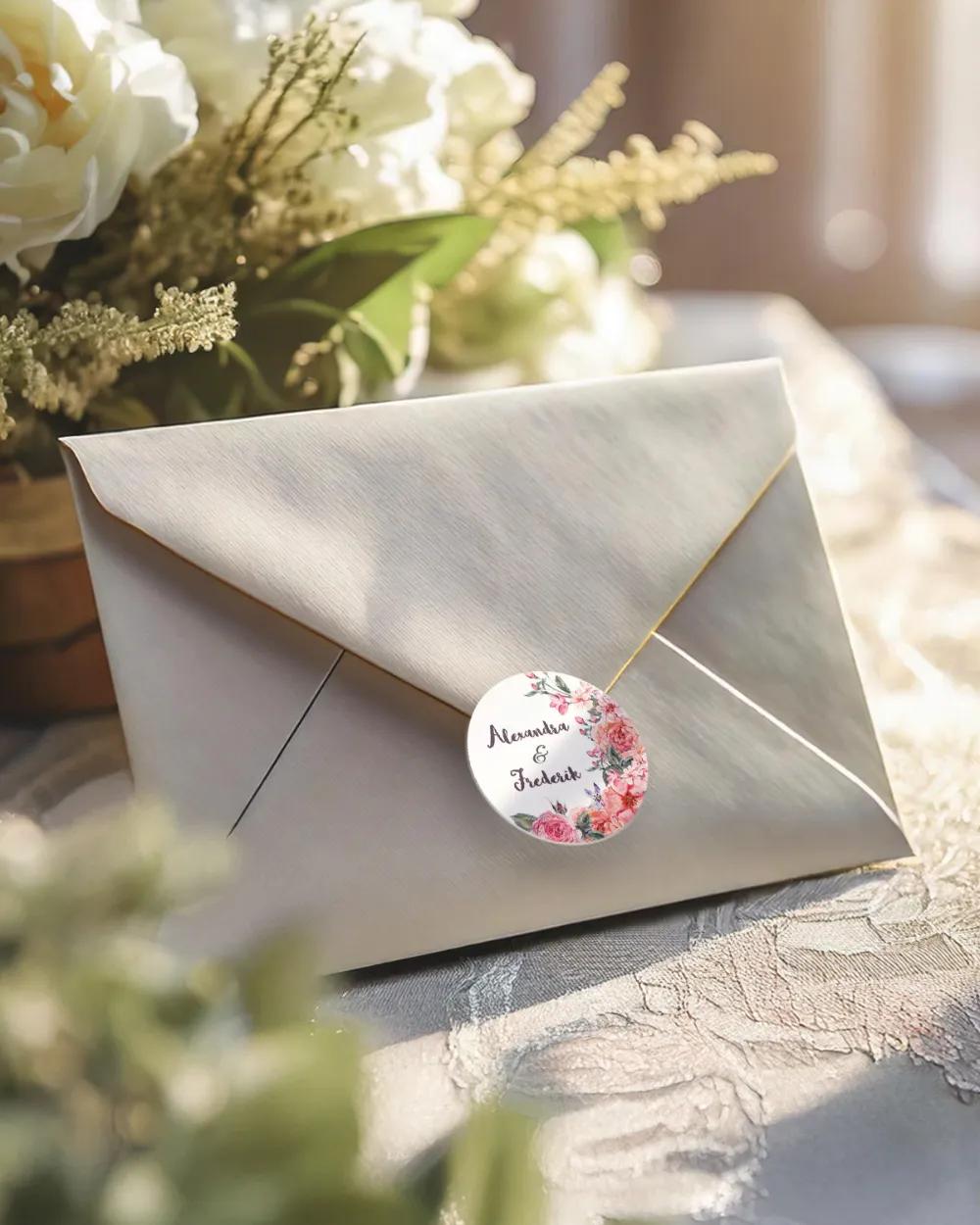 Svatební mini nálepky na obálky a dárky s růžemi a vintage prvky 1/3