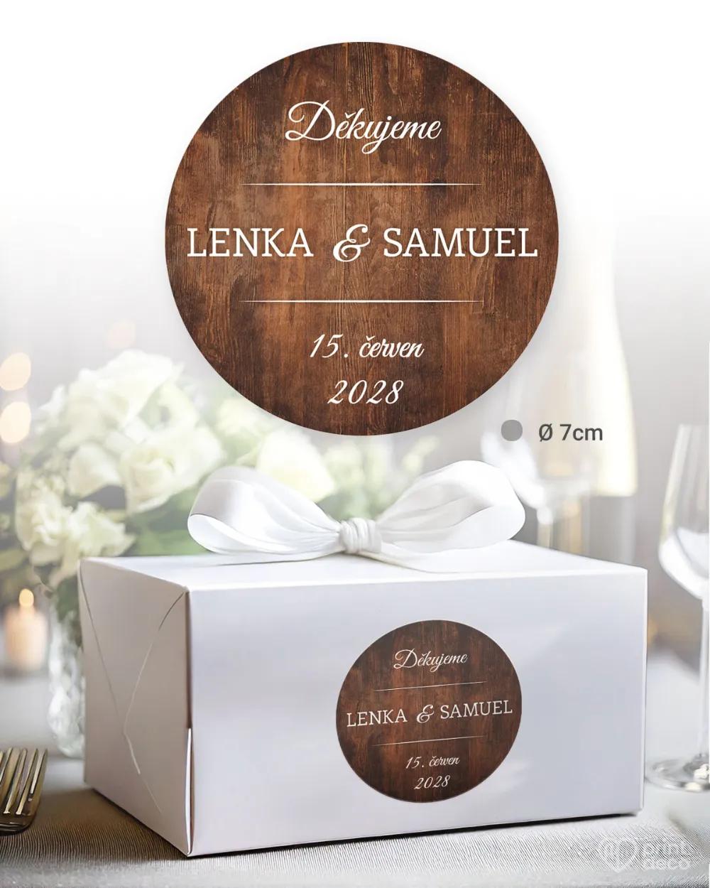 Svatební samolepky na výslužky s motivem Dřevo (tmavě hnědé) 1/3