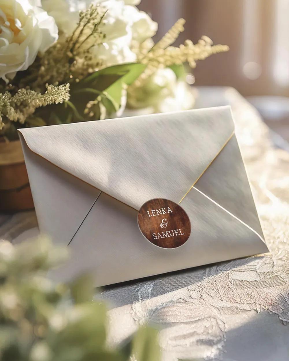 Svatební mini nálepky na obálky a dárky s motivem Dřevo (tmavě hnědé) 2/3