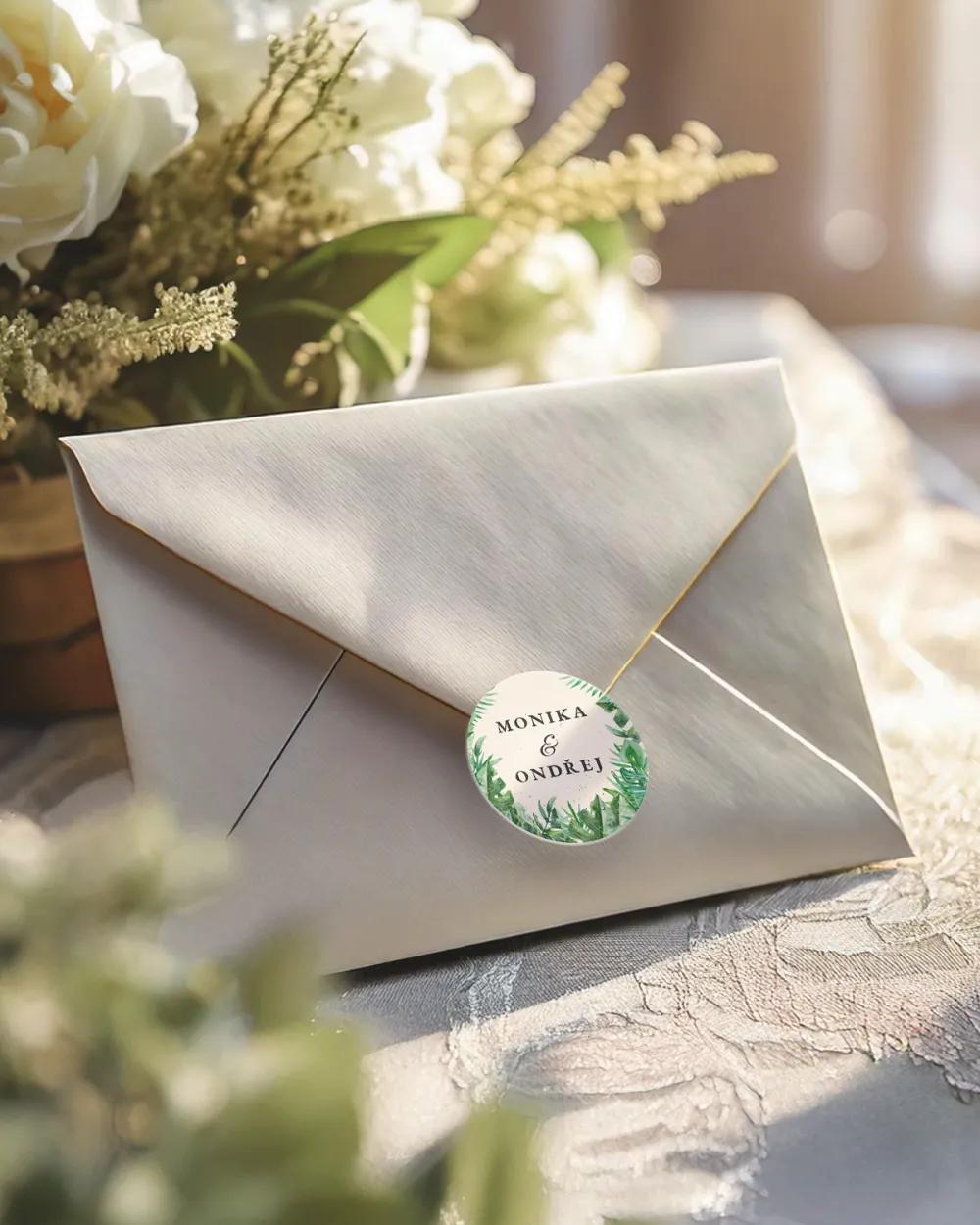 Svatební mini nálepky na obálky a dárky v Greenery motivu 1/3