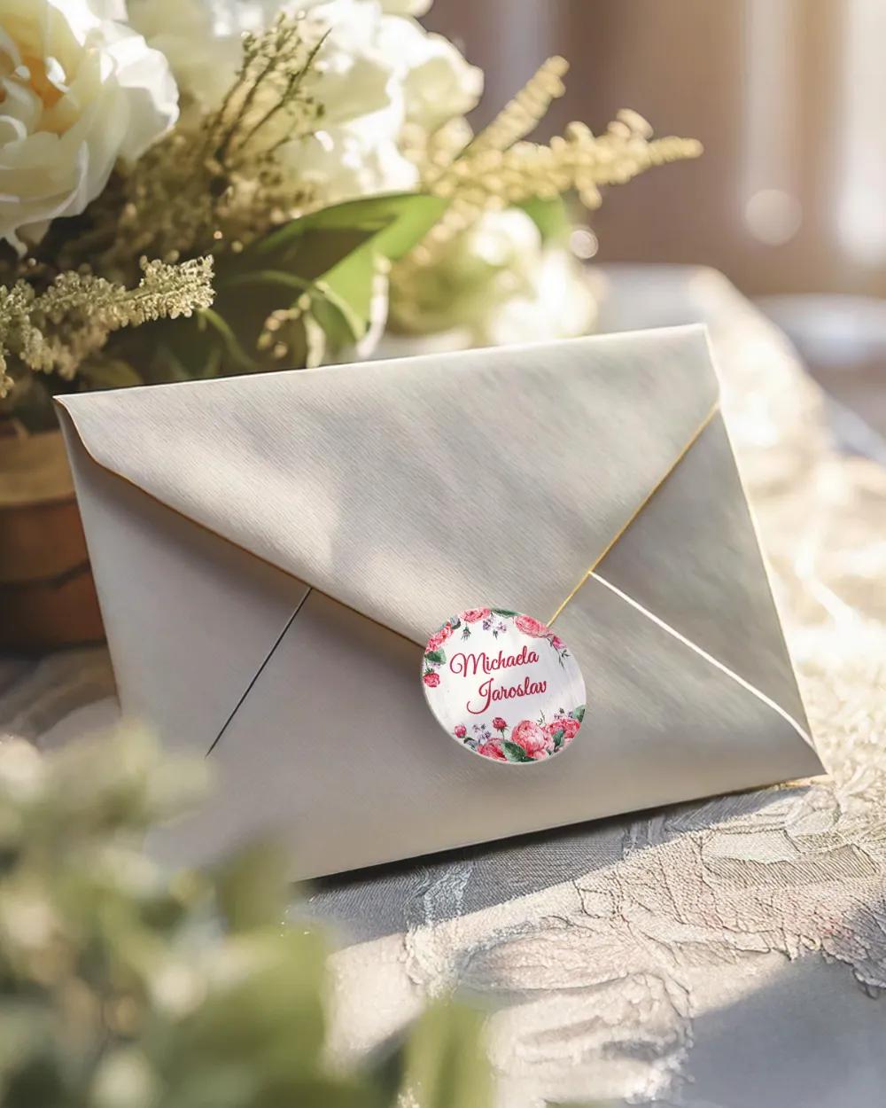 Svatební mini nálepky na obálky a dárky s růžemi a vintage prvky 1/3