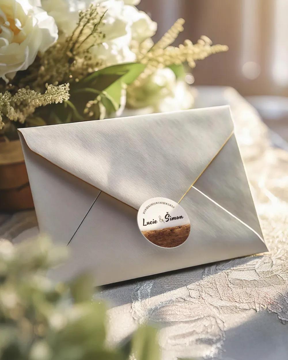 Svatební mini nálepky na obálky a dárky s lidovým dřevěným motivem 2/3