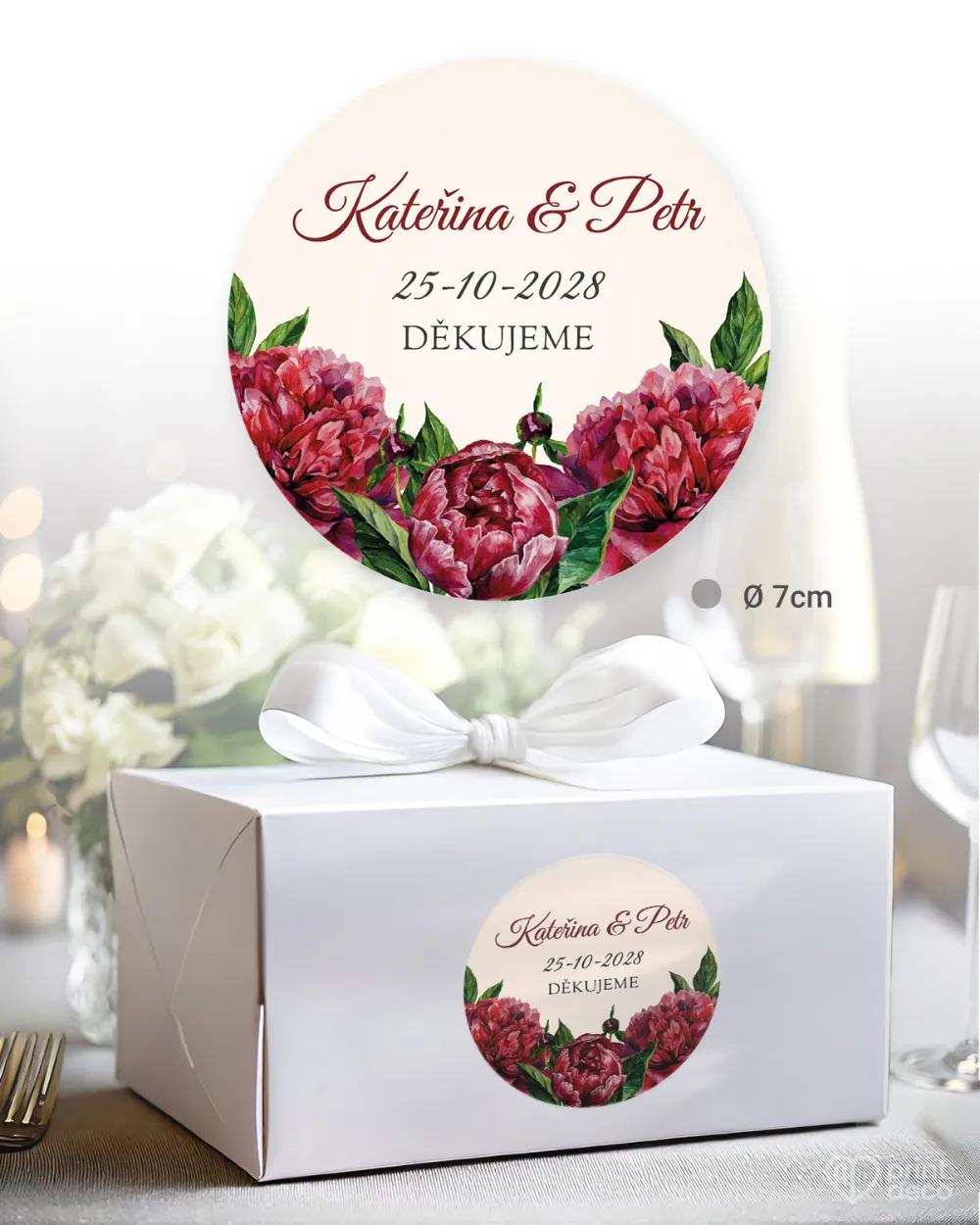 Svatební samolepky na výslužky s pestrými pivoňkami 1/3