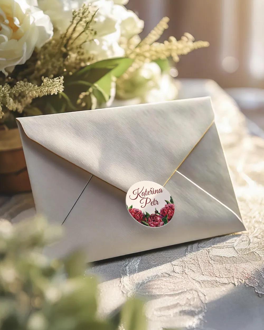 Svatební mini nálepky na obálky a dárky s pestrými Pivoňkami 1/3