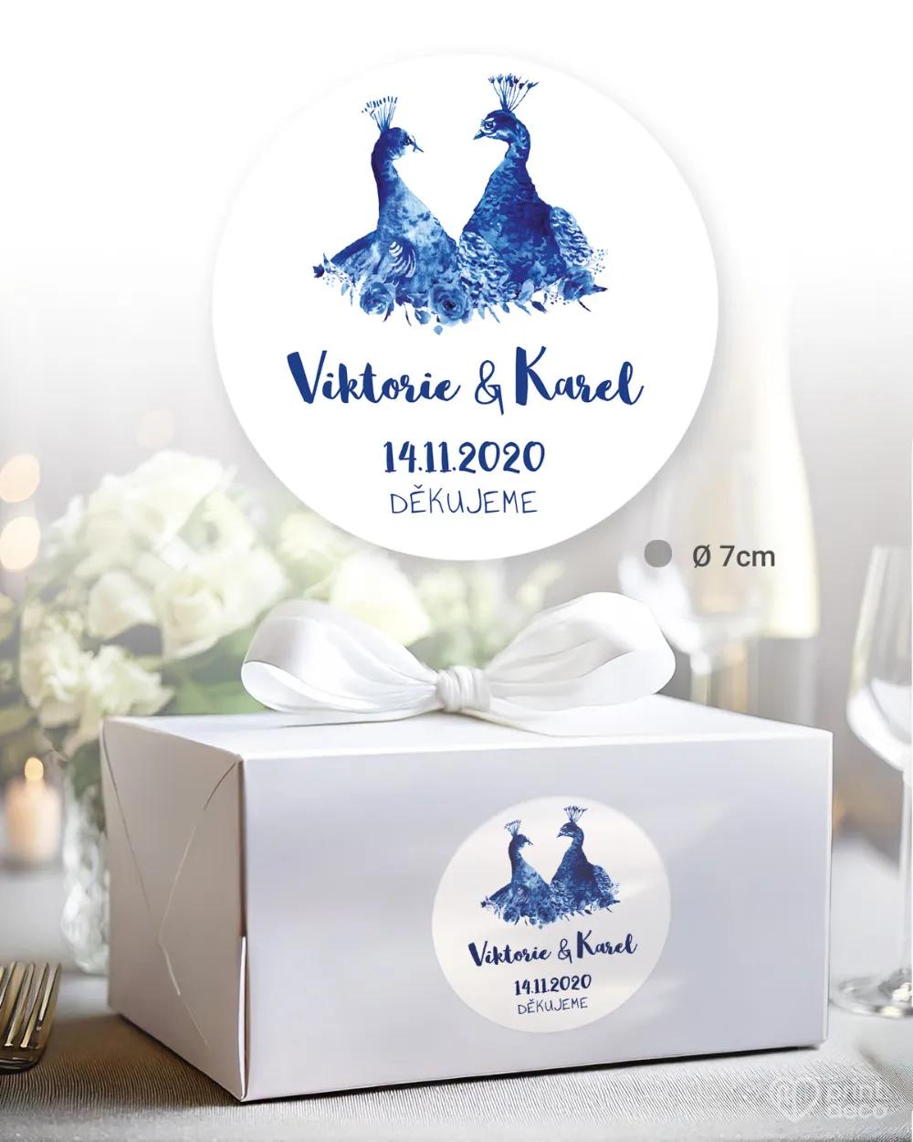 Svatební samolepky na výslužky modří pávi 1/3