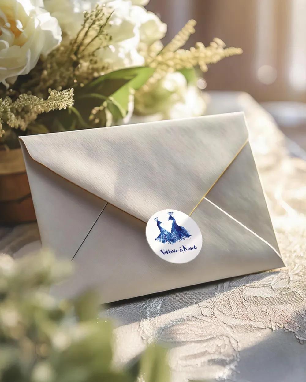 Svatební mini nálepky na obálky a dárky Modří pávi 2/3