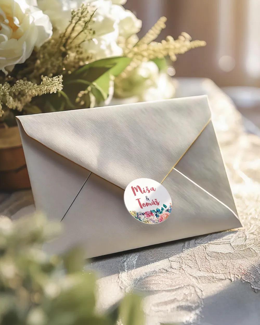 Svatební mini nálepky na obálky a dárky Pivoňky s šeříkem 1/3