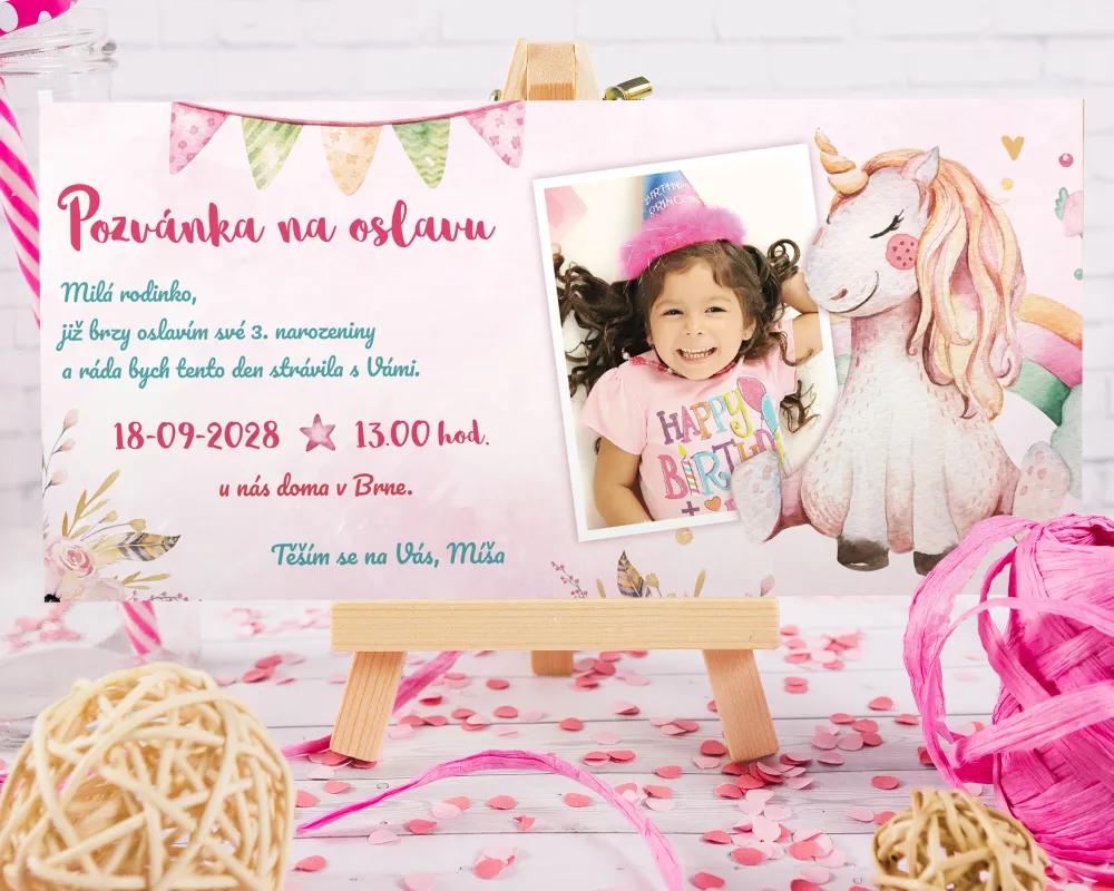 Pozvánka na detskú oslavu - Jednorožec s fotkou 1/3