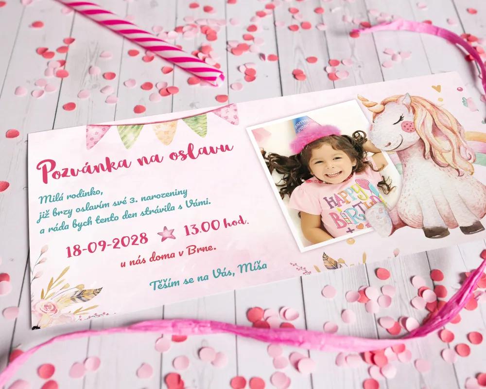 Pozvánka na detskú oslavu - Jednorožec s fotkou 2/3