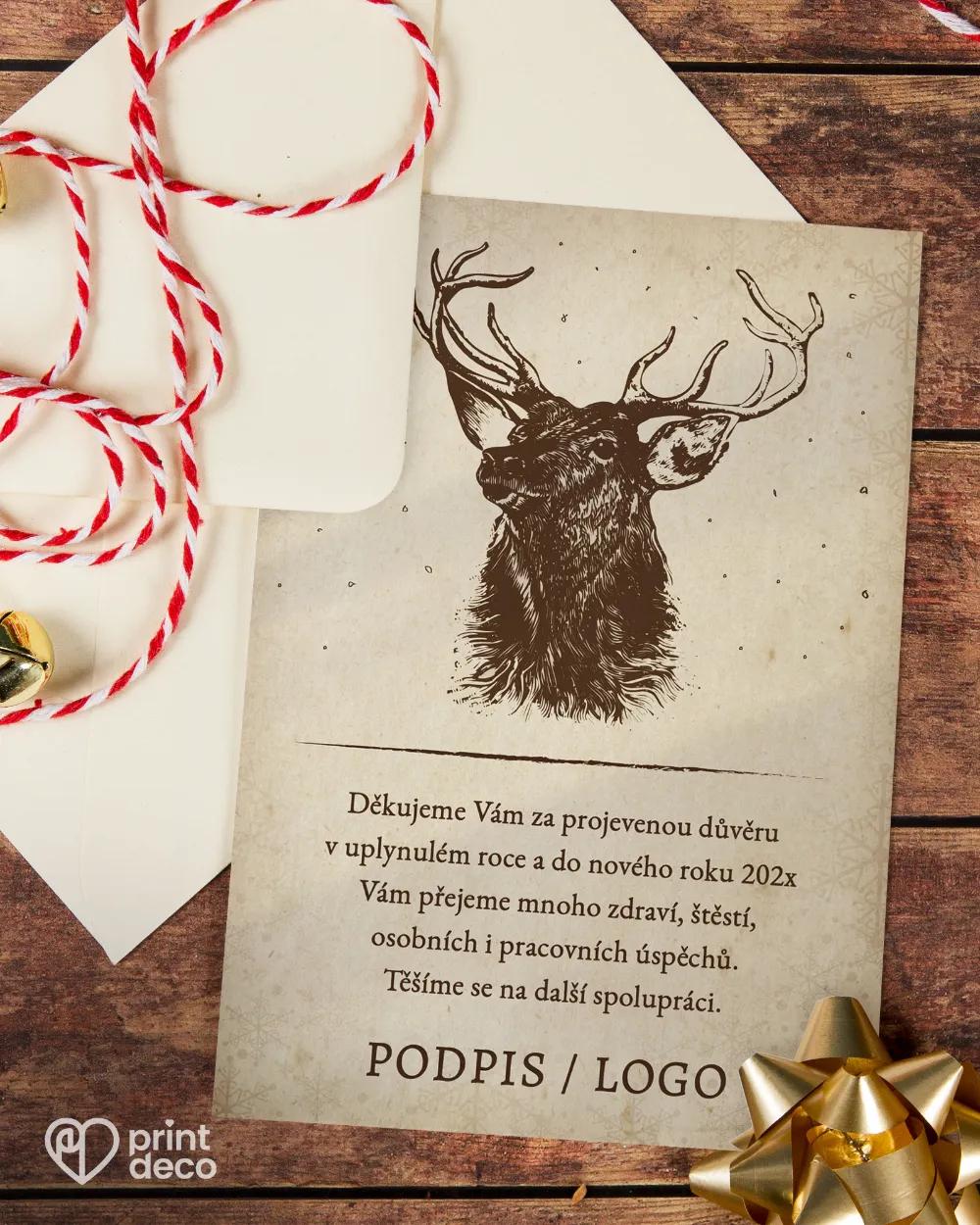 Vánoční pozdrav se jelenem na kraft papíru 1/2