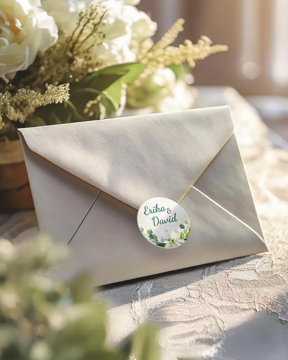 Svatební mini nálepky na obálky a dárky Bílé lilie 1/3