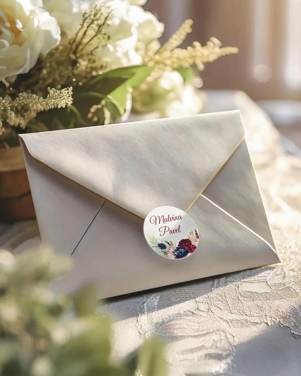 Svatební mini nálepky na obálky a dárky Burgundy růže 1/3