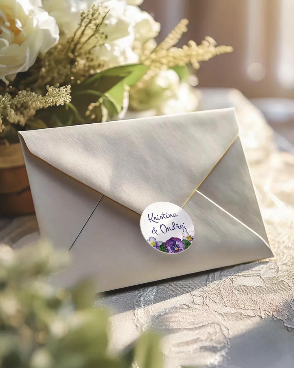 Svatební mini nálepky na obálky a dárky Fialky 1/3