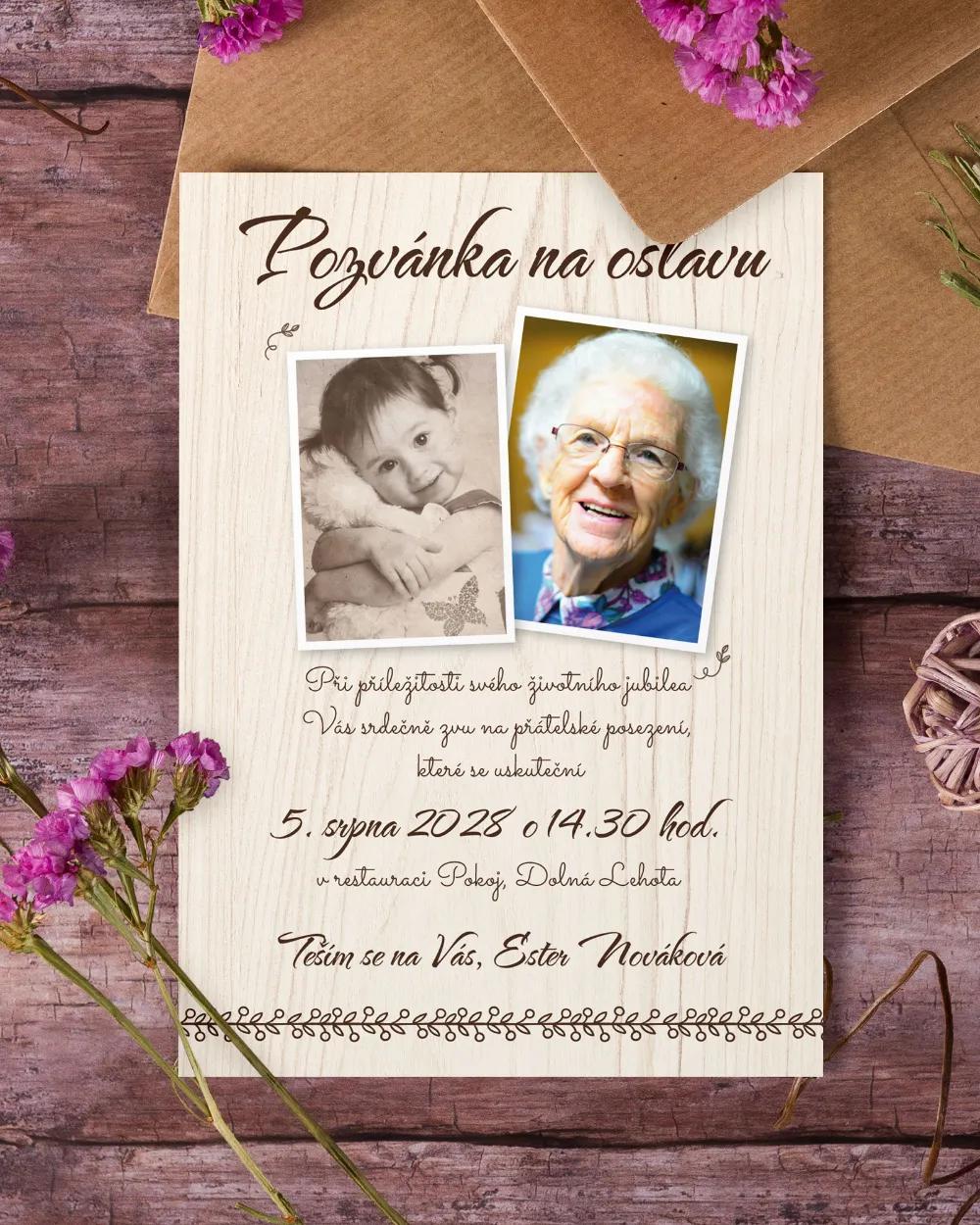 Pozvánka na narozeniny s fotkou Světlé dřevo 1/2