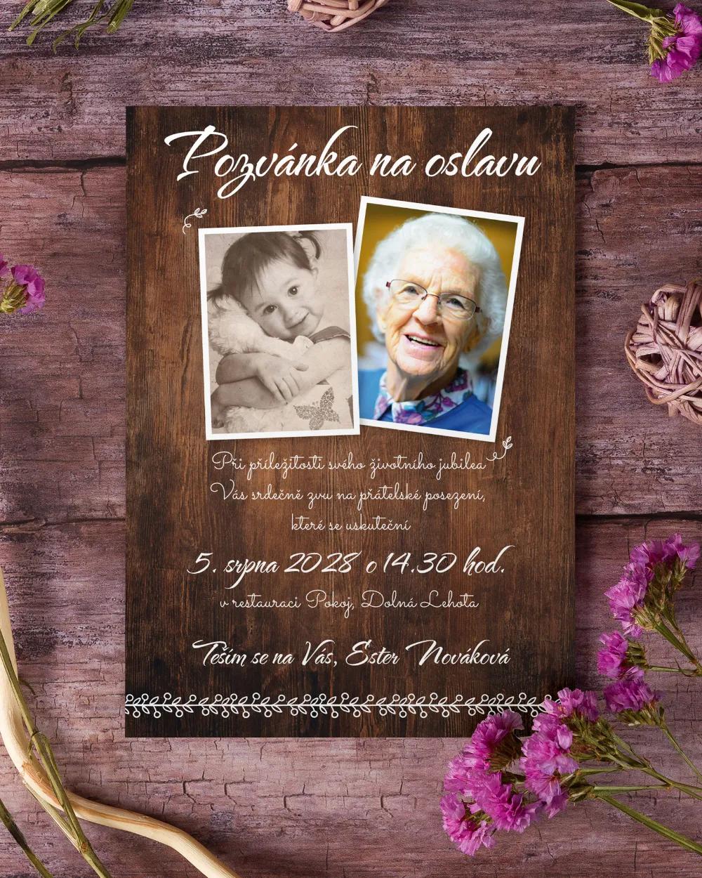 Pozvánka na narozeniny s fotkou Tmavé dřevo 1/2