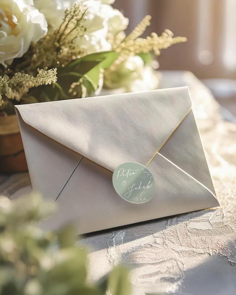 Svatební mini nálepky na obálky a dárky Listy lásky sage 1/3