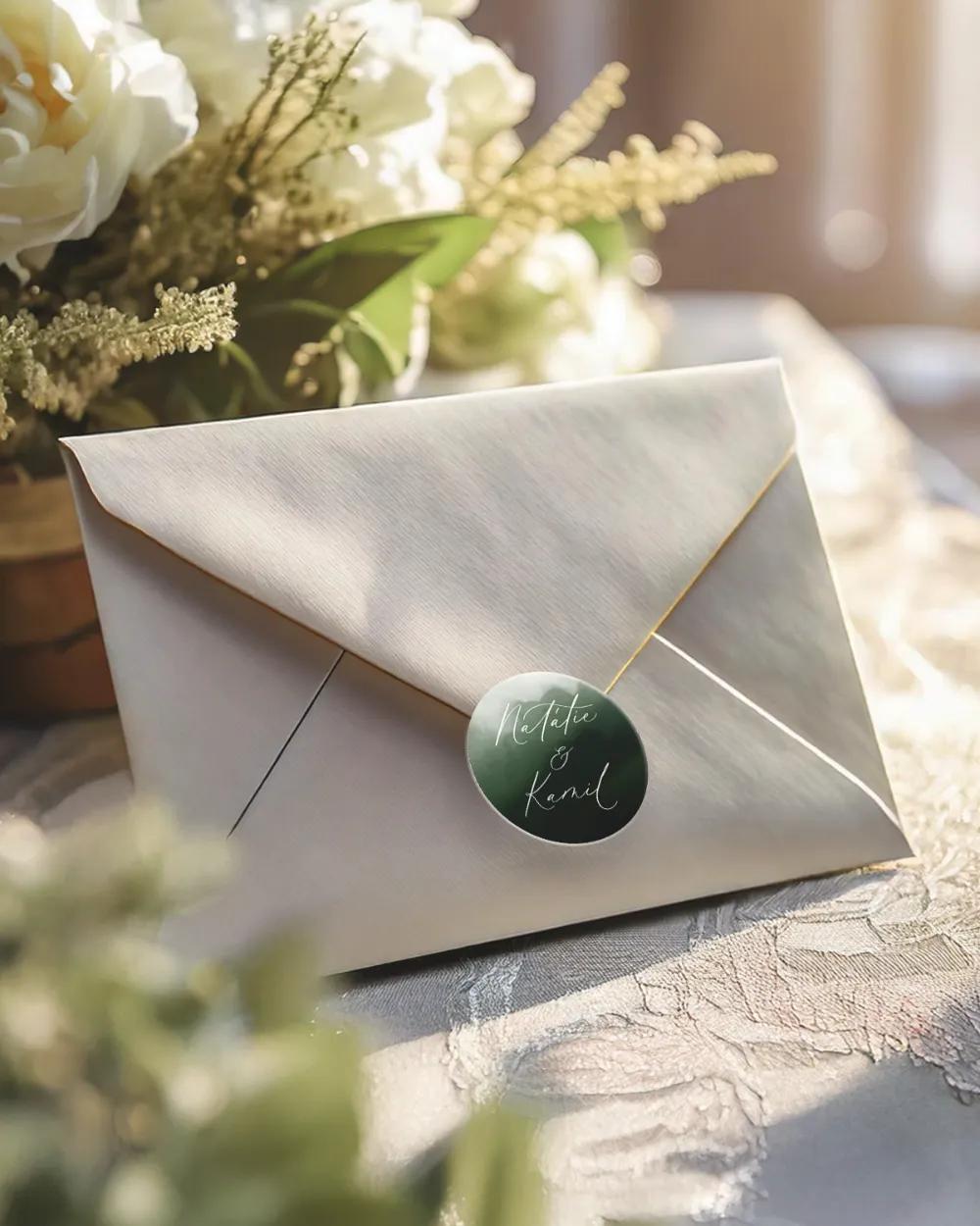 Svatební mini nálepky na obálky a dárky Akvarelová láska (tmavě zelená) 1/3