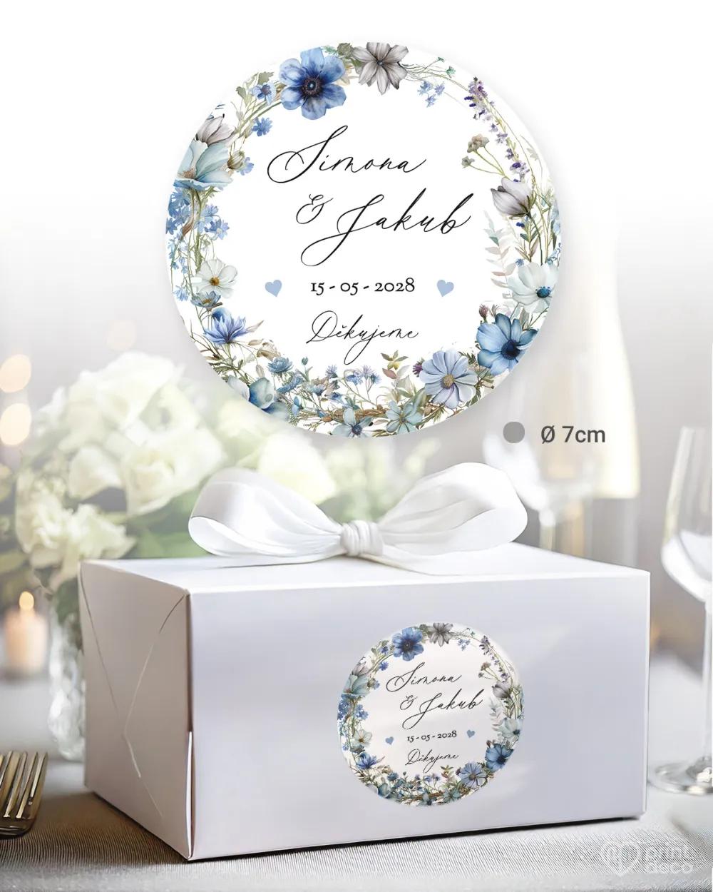 Svatební samolepky na výslužky modrý věneček 1/3