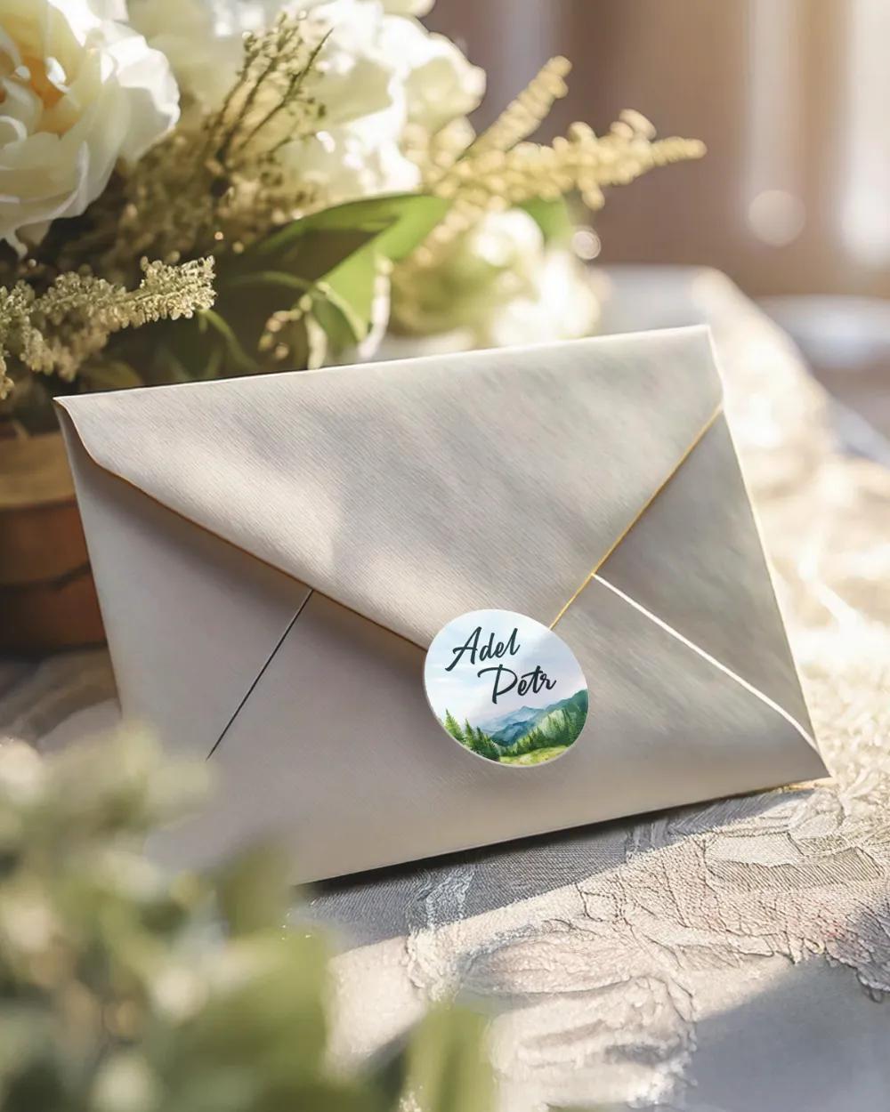 Svatební mini nálepky na obálky a dárky Láska z hor IV. 1/3