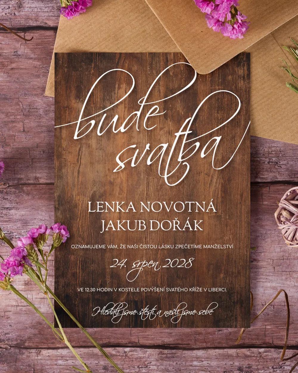 Svatební oznámení s motivem Dřevo (tmavě hnědé) 1/3