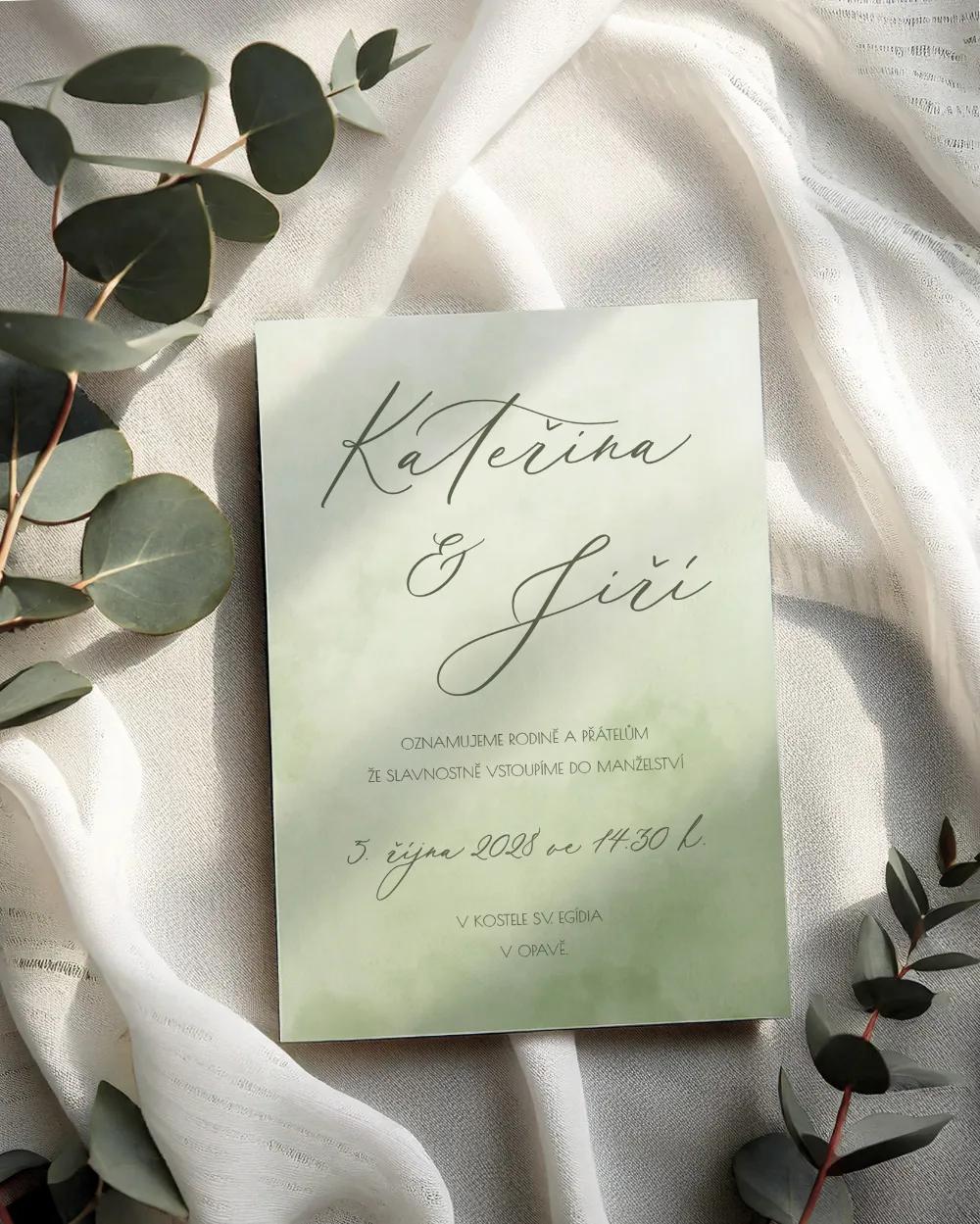 Svatební oznámení - Akvarelová láska (zelená) 1/2