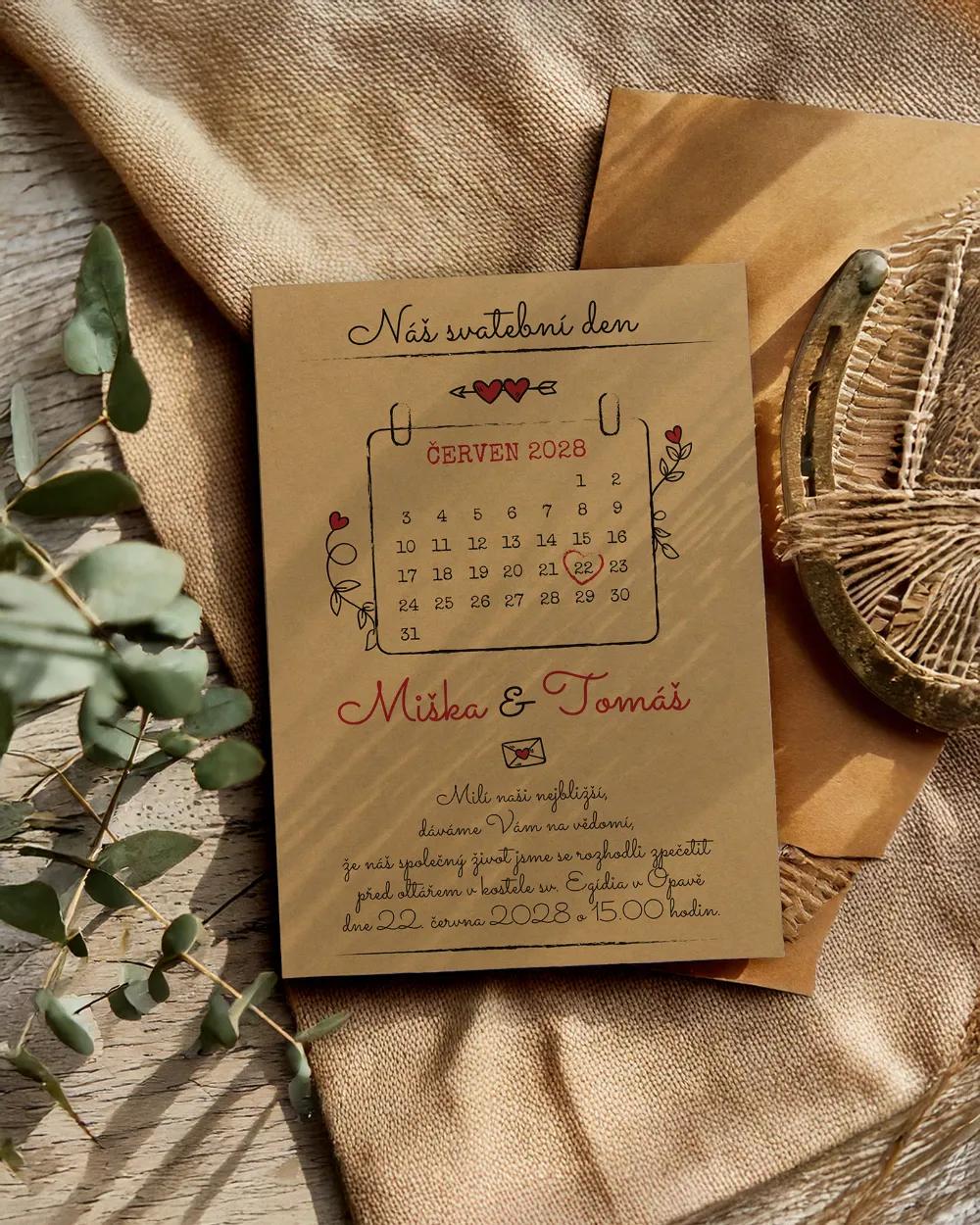 Jednoduchá svatební oznámení s kalendářem Kraft 1/2