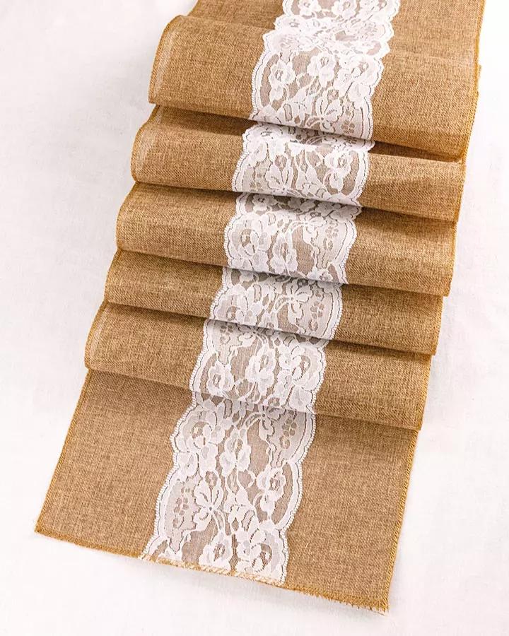 Jutový ubrus s krajkou 30x275, vzor 2 (přírodní barva)