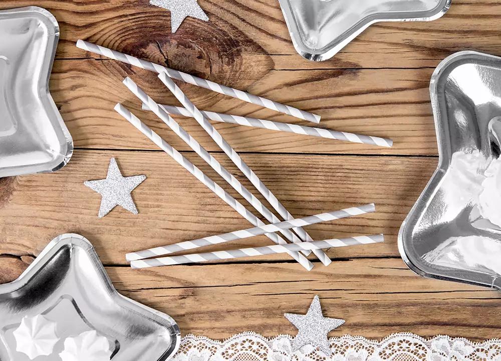 Stříbrné papírové brčka 19,5 cm, 10 ks, pásky 2/4