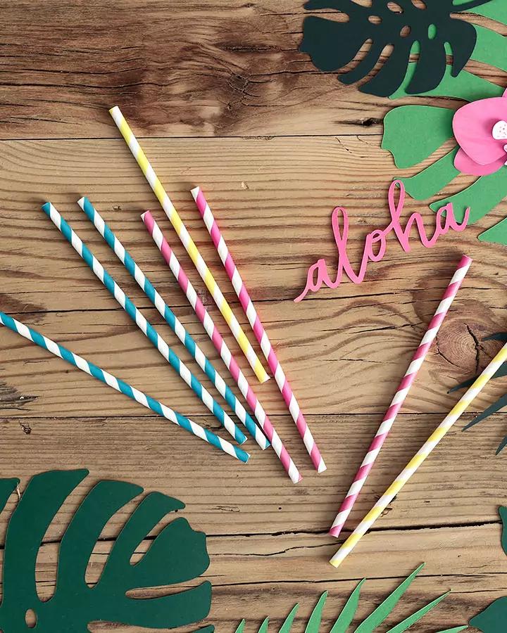 Žluté papírové brčka 19,5 cm, 10 ks, pásky 1/3