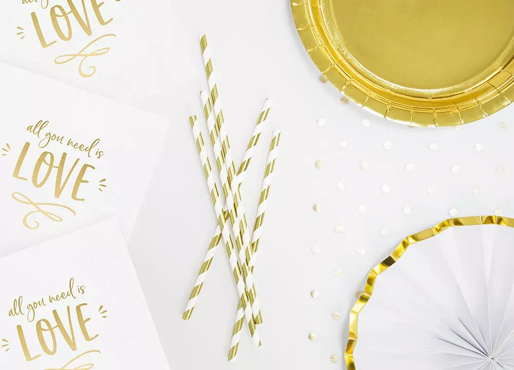 Zlaté metalické papírové brčka 19,5 cm, 10 ks, pásky 3/4