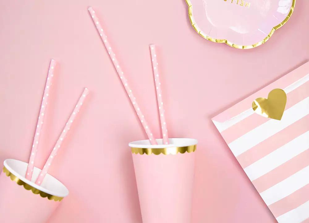 Světle růžové papírové brčka 20 cm, 24 ks, tečkované 1/4