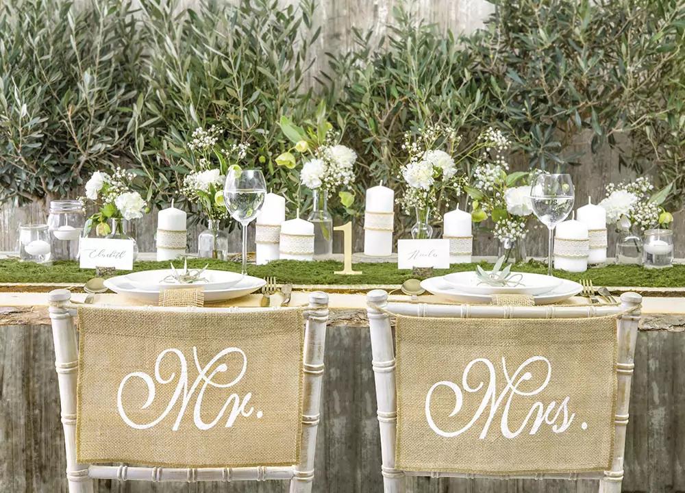 Jutová dekorace na židle Mr & Mrs 1/3