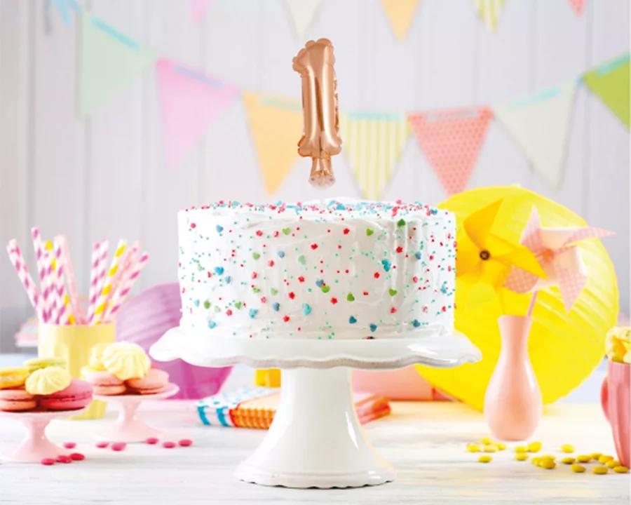 Balón číslo 1 zápich na dort - růžově zlatý balón s hůlkou, 13 cm 2/3