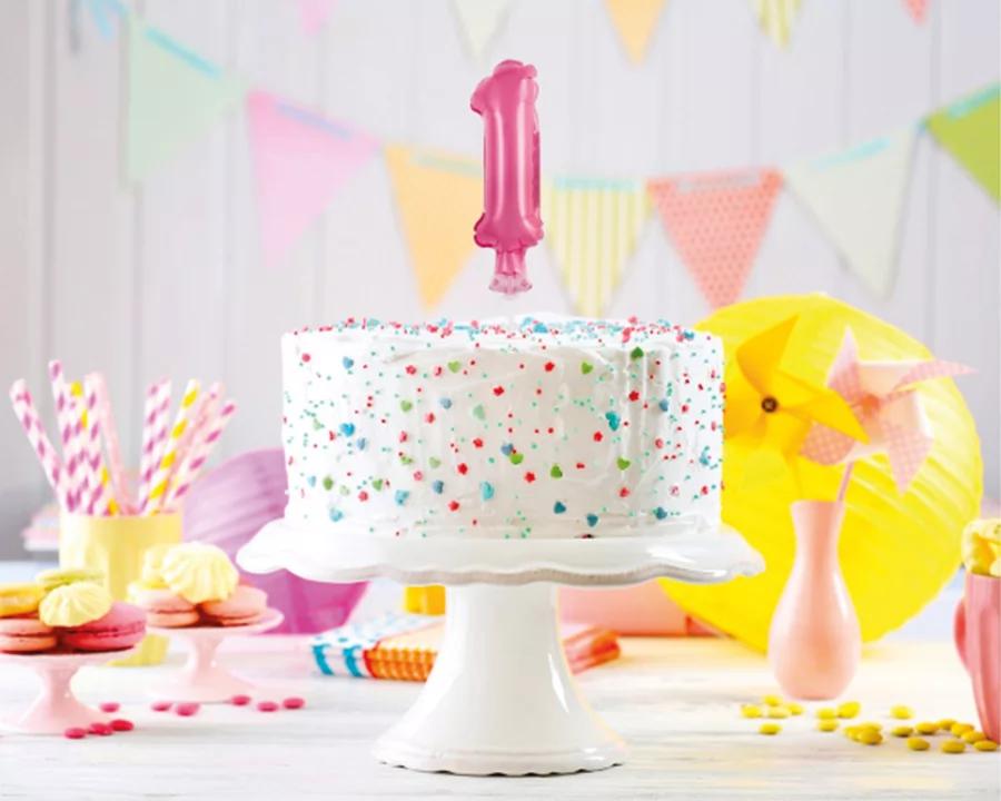 Balón číslo 1 zápich na dort - světle růžový balón s hůlkou, 13 cm 2/3