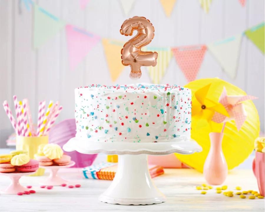 Balón číslo 2 zápich na dort - růžově zlatý balón s hůlkou, 13 cm 1/2