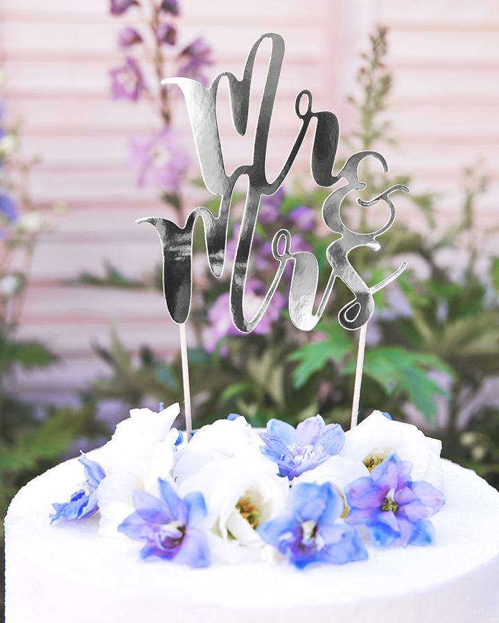 Svatební dekorace zápich Mr & Mrs stříbrný 1/3