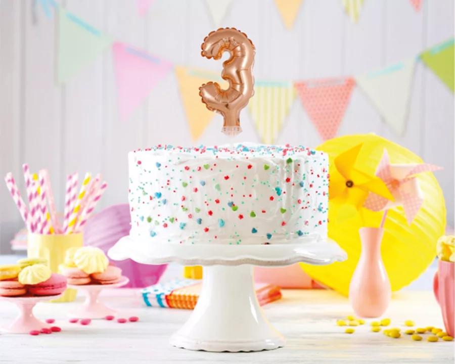 Balón číslo 3 zápich na dort - růžově zlatý balón s hůlkou, 13 cm 1/2